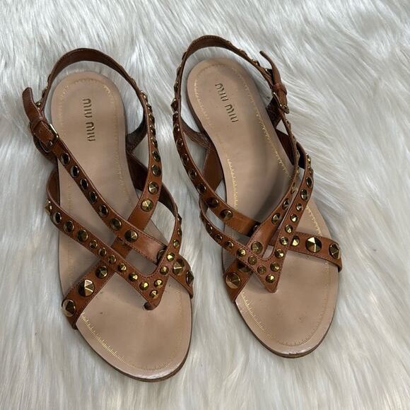 Miu Miu Brown Gold Studded Leather Sandals - Picture 3 of 9